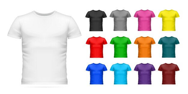 Conjunto de iconos de color de maqueta de camiseta realista blanco negro rosa gris amarillo rojo verde naranja verde oscuro azul azul claro colores púrpura y marrón ilustración vectorial