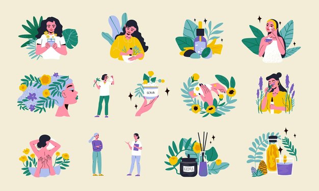 Conjunto de iconos de color de medicina herbal mujeres untan crema en sus caras huelen hierbas usan cremas y sueros ilustración vectorial