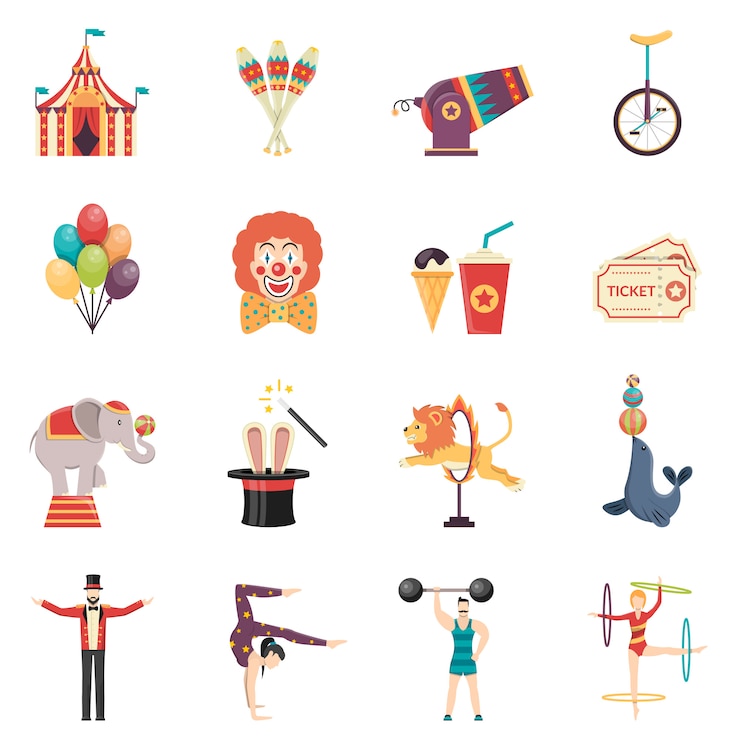 Vector gratuito conjunto de iconos de color plano de rendimiento de circo