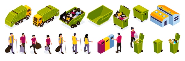 Conjunto de iconos de color de reciclaje de basura isométrica con pistas verdes amarillas conserjes botes de basura y contenedores ilustración vectorial