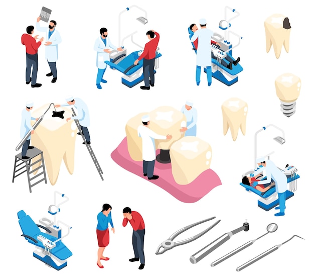 Conjunto de iconos de colores isométricos de dentista de instrumentos de odontología dientes con dentaduras postizas de caries e implantes ilustración vectorial aislada
