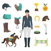Vector gratuito conjunto de iconos de colores planos con fondo blanco que representa el equipo de jockey y el caballo