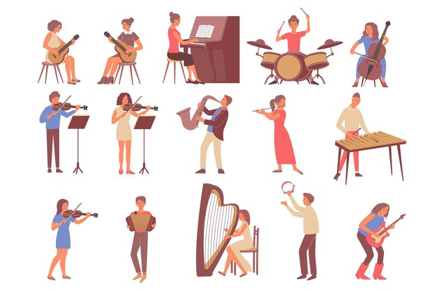 Conjunto de iconos de colores planos con personajes humanos individuales aprendiendo instrumentos musicales aislados en la ilustración de vector de fondo en blanco