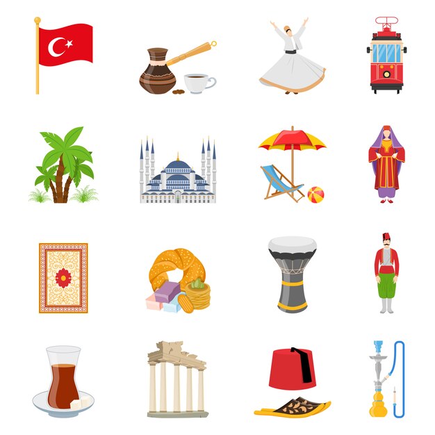 Conjunto de iconos de colores planos de Turquía