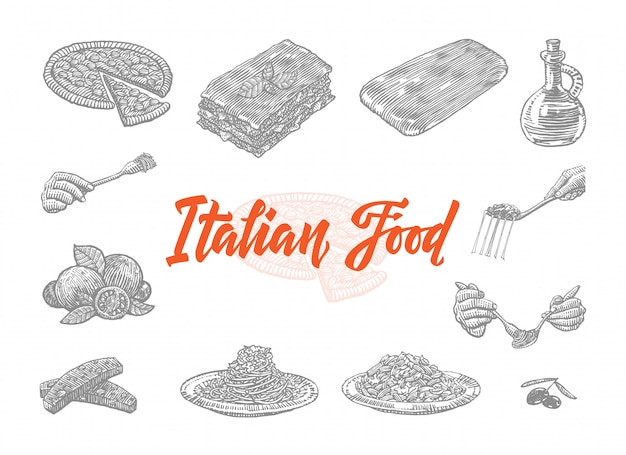 Conjunto de iconos de comida italiana dibujados a mano