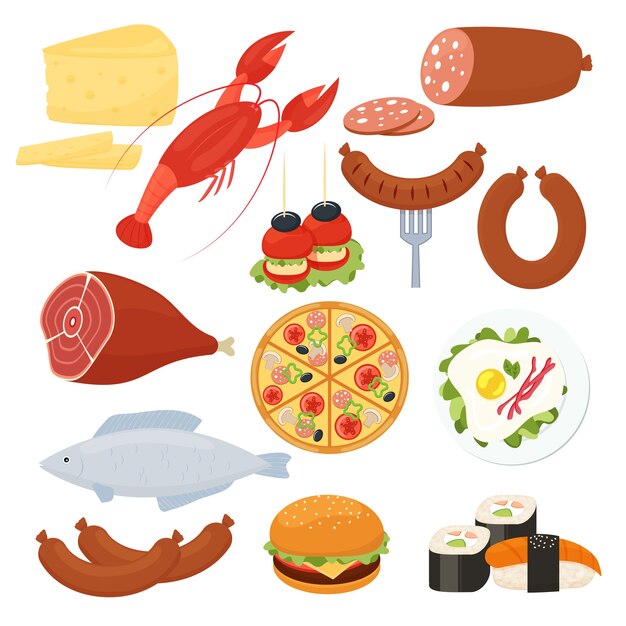 Conjunto de iconos de comida tradicional vector para un menú con una langosta salami pizza hamburguesa con queso carne asada huevos fritos salchicha pescado sushi mariscos queso y canapés aperitivos