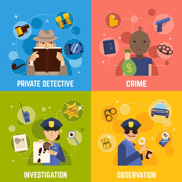 Conjunto de iconos de concepto de detective privado