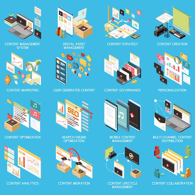 Conjunto de iconos de concepto isométrico de gestión de contenido con creación de estrategia de contenido de gestión de activos digitales personalización de gobierno de marketing y otras descripciones ilustración vectorial