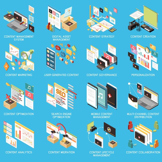 Conjunto de iconos de concepto isométrico de gestión de contenido con creación de estrategia de contenido de gestión de activos digitales personalización de gobierno de marketing y otras descripciones ilustración vectorial