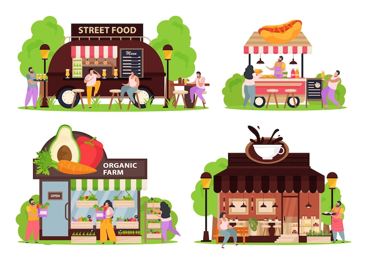 Vector gratuito conjunto de iconos de concepto de tienda pequeña con plano de comida callejera aislado