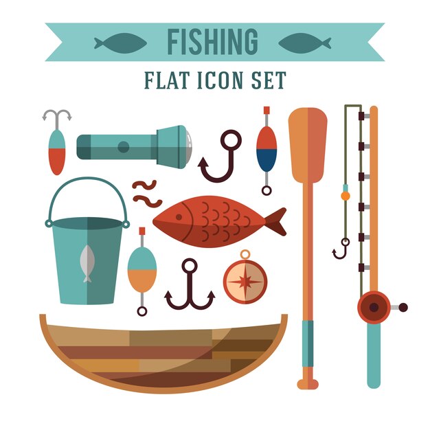 Conjunto de iconos conceptuales de pesca. Diseño plano. Recreación cerca del agua.