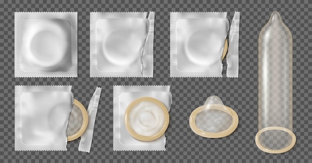 Conjunto con iconos de condones realistas sobre fondo transparente con productos empacados y desempaquetados con ilustración vectorial de envolturas plateadas