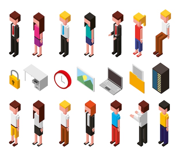 Conjunto de iconos de conjunto isométrico de avatares de centro de datos y usuarios