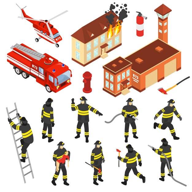 Conjunto de iconos de cuerpo de bomberos isométrica
