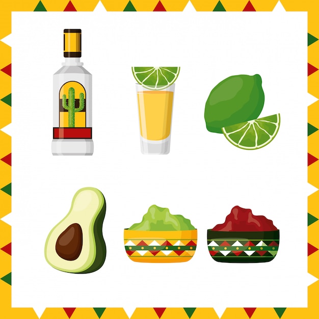 Vector gratuito conjunto de iconos de la cultura mexicana, aguacate, limón, tequila y guacamole, ilustración