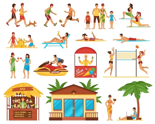 Conjunto de iconos decorativos de actividades de playa