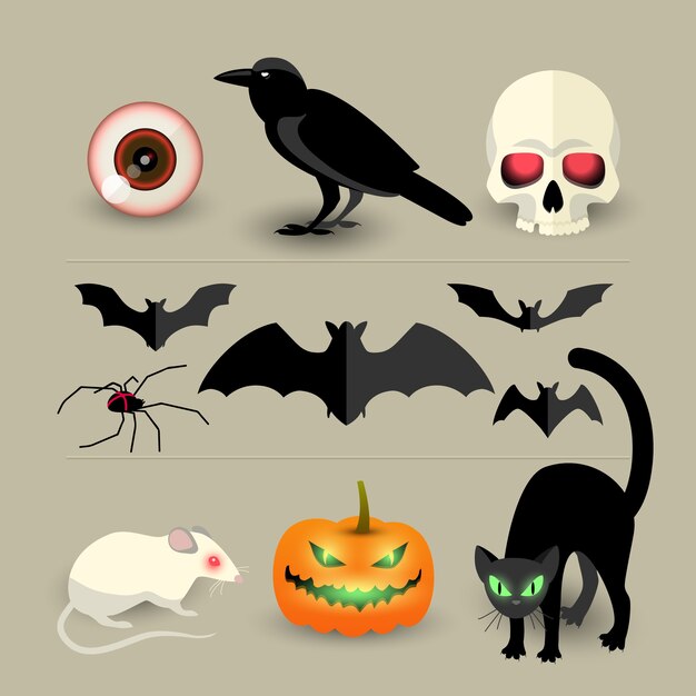 Conjunto de iconos decorativos aislados de Halloween de calabaza murciélago cuervo cráneo araña gato negro y rata blanca de dibujos animados