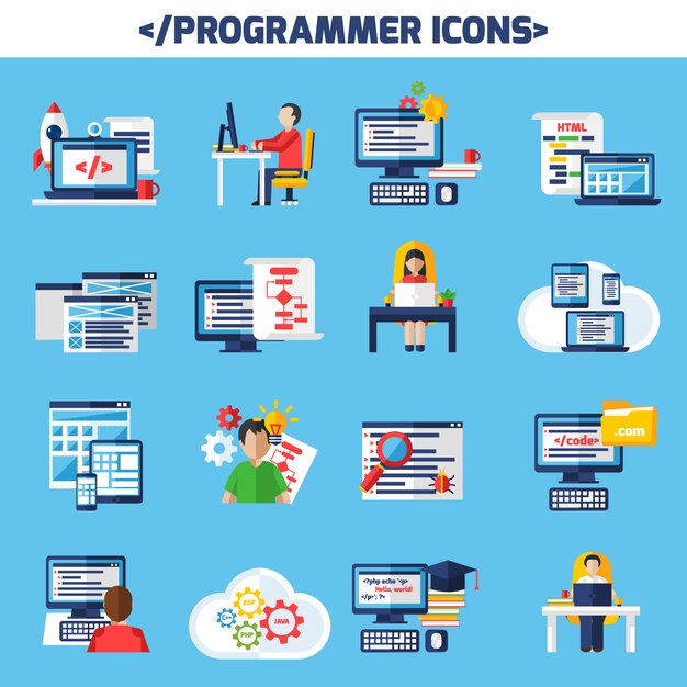 Conjunto de iconos decorativos de color plano programador