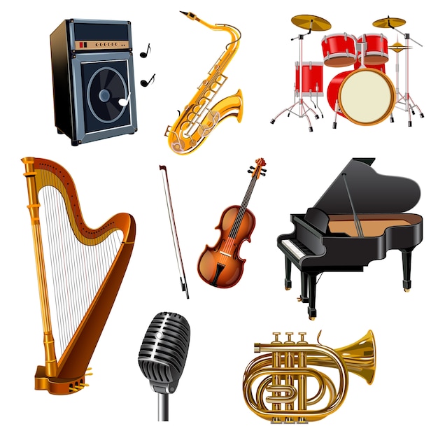 Conjunto de iconos decorativos de instrumentos musicales