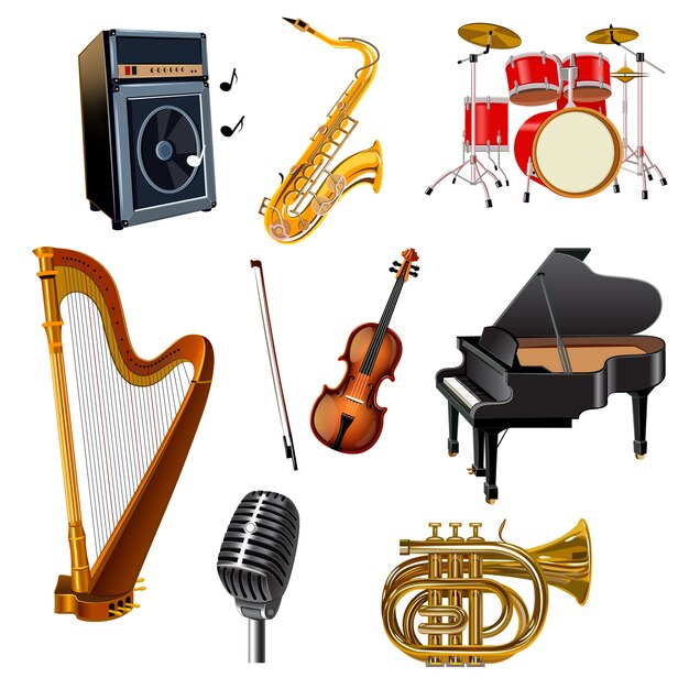 Conjunto de iconos decorativos de instrumentos musicales
