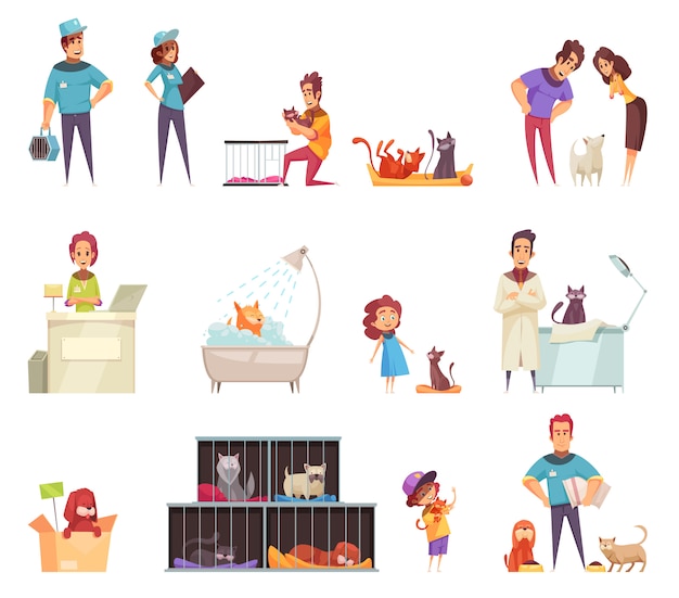 Conjunto de iconos decorativos para mascotas sin hogar con personas que cuidan a los animales en el hogar en una clínica de refugio y veterinaria aislada