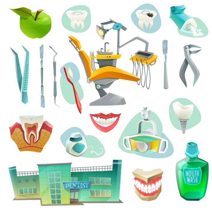 Vector gratuito conjunto de iconos decorativos de la oficina dental