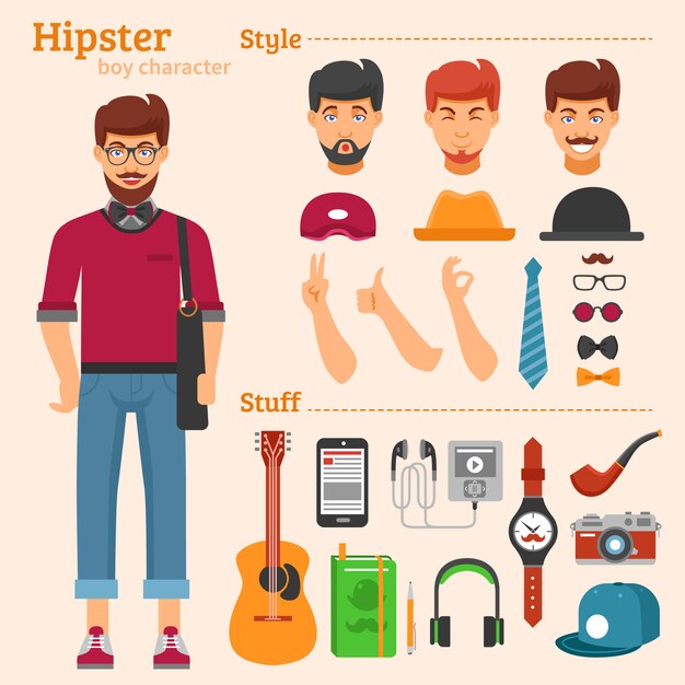 Conjunto de iconos decorativos personaje de chico inconformista