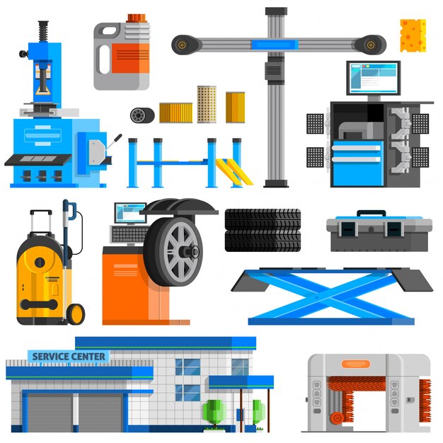 Conjunto de iconos decorativos planos de auto servicio
