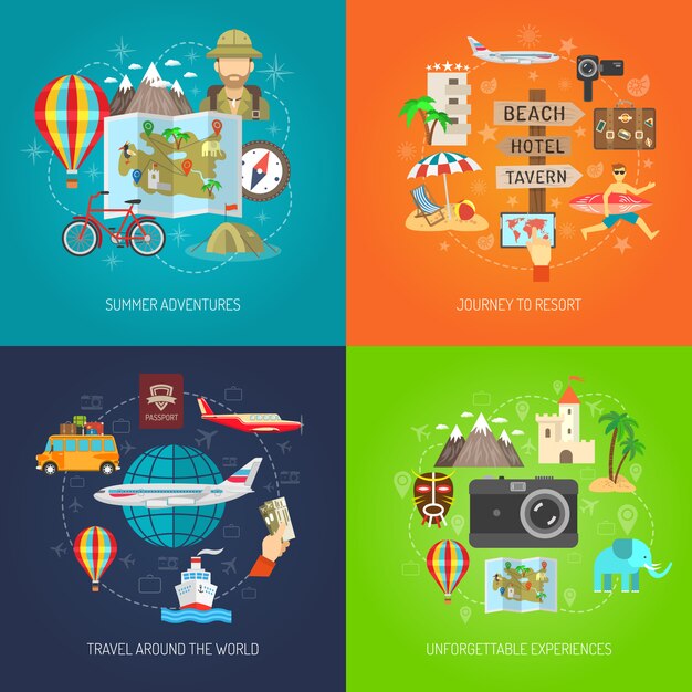 Conjunto de iconos decorativos planos de viaje