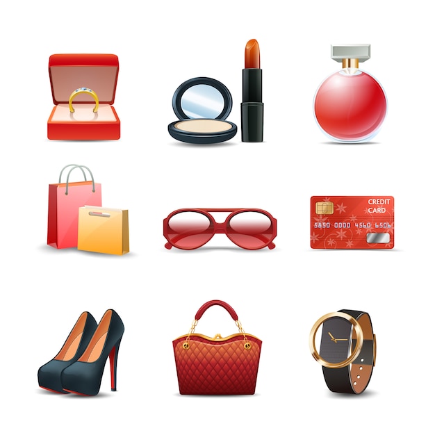 Vector gratuito conjunto de iconos decorativos realistas de compras de mujeres