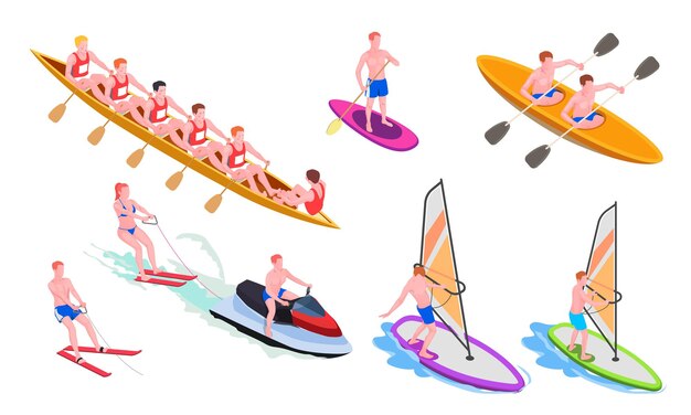 Conjunto de iconos de deportes acuáticos aislados e isométricos con buceo, windsurf, piragüismo, remo, snorkel, ilustración