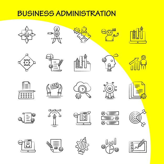 Conjunto de iconos dibujados a mano de administración de empresas para infografías Kit UXUI móvil y diseño de impresión incluyen sitio web protegido Sitio web Internet Dólar Montañas Dólar Lápiz Eps 10 Vector
