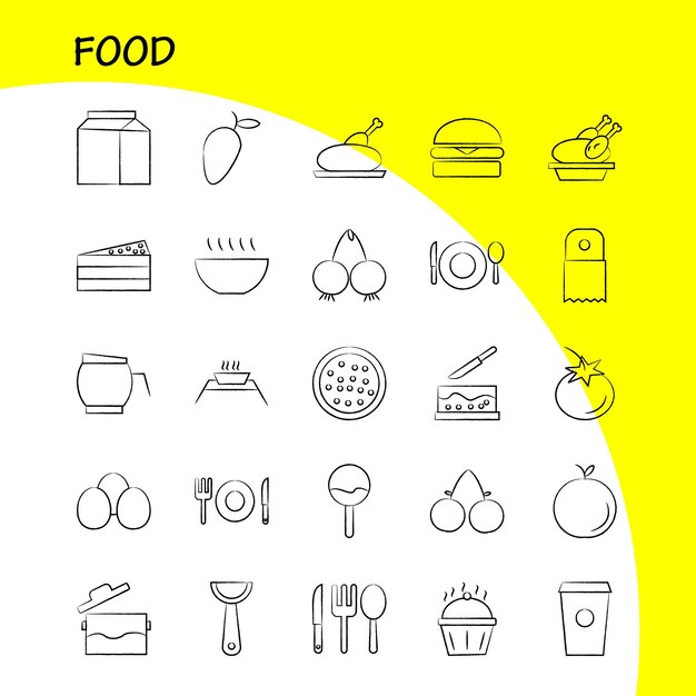 Conjunto de iconos dibujados a mano de alimentos para infografías El kit UXUI móvil y el diseño de impresión incluyen Spice Chili Hot Pepper Cake Sweet Food Meal Collection Modern Infographic Logo and Pictogram Vector