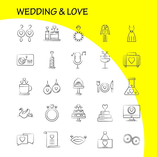Conjunto de iconos dibujados a mano de boda y amor para infografías Kit UXUI móvil y diseño de impresión Incluye taza de té Amor Boda Corazón Luz de vela Conjunto de iconos de amor Vector