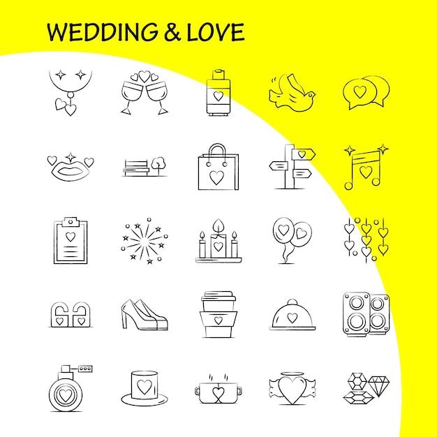 Conjunto de iconos dibujados a mano de boda y amor para infografías Kit UXUI móvil y diseño de impresión incluyen portapapeles corazón amor texto fuegos artificiales fuego amor boda conjunto de iconos Vector