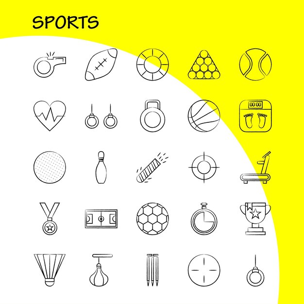 Conjunto de iconos dibujados a mano de deportes para infografías Kit UXUI móvil y diseño de impresión incluyen levantamiento de pesas Juegos deportivos de peso Bate de béisbol Deportes Eps 10 Vector