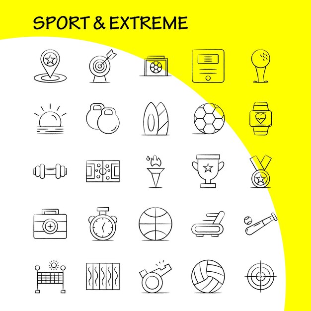 Conjunto de iconos dibujados a mano deportivos y extremos para infografías El kit UXUI móvil y el diseño de impresión incluyen el premio de la copa Árbitro estrella Deporte Silbato Sol Conjunto de iconos de sol Vector