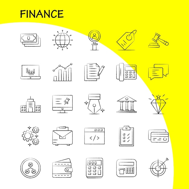 Conjunto de iconos dibujados a mano de finanzas para infografías Kit de UXUI móvil y diseño de impresión Incluye texto de pin de computadora Búsqueda de finanzas Investigación Conjunto de iconos de hombre de finanzas Vector