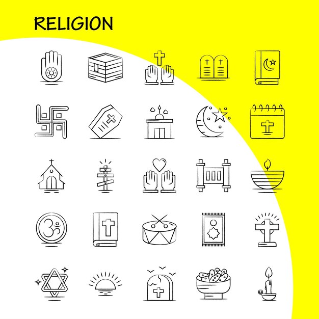 Conjunto de iconos dibujados a mano de religión para infografías Kit de UXUI móvil y diseño de impresión Incluye vacaciones de ataúd Religión Religión Rezar Iglesia Elemento musulmán Conjunto de iconos Vector