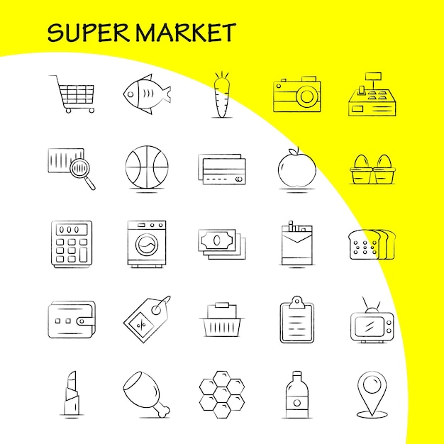 Conjunto de iconos dibujados a mano de super market para infografías kit uxui móvil y diseño de impresión