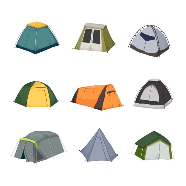 Conjunto de iconos de dibujos animados de campamento de tienda vector
