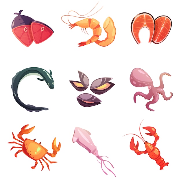 Vector gratuito conjunto de iconos de dibujos animados de comida de mar