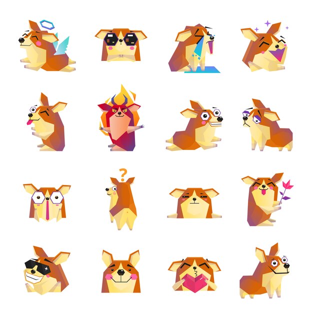 Conjunto de iconos de dibujos animados divertido perro Corgi