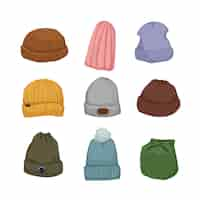 Vector gratuito conjunto de iconos de dibujos animados de gorra de sombrero beanie vector