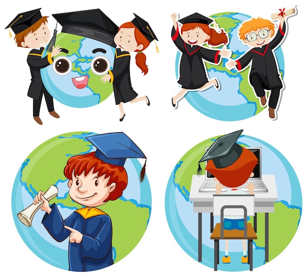 Vector gratuito conjunto de iconos de dibujos animados de graduación de la tierra