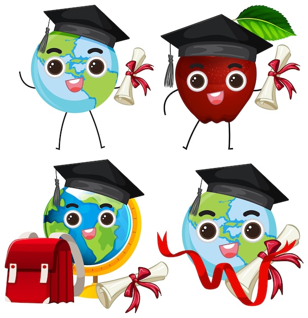 Conjunto de iconos de dibujos animados de graduación de la tierra
