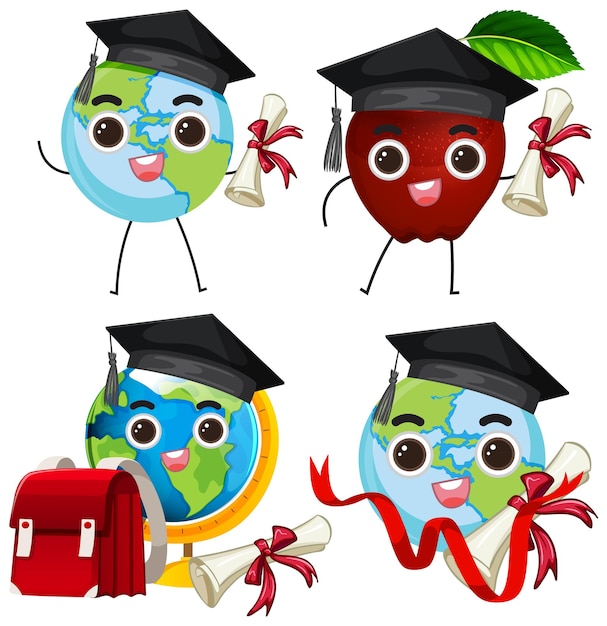 Vector gratuito conjunto de iconos de dibujos animados de graduación de la tierra