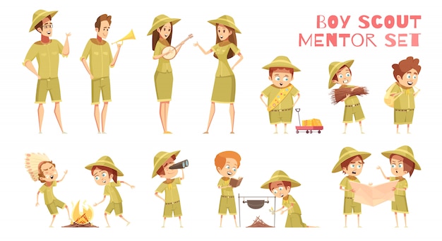 Vector gratuito conjunto de iconos de dibujos animados de mentores scouts