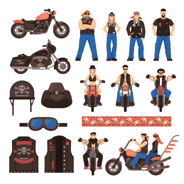 Conjunto de iconos de dibujos animados plana Bikers