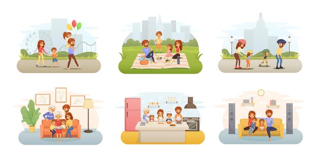 Conjunto de iconos de dibujos animados planos de vacaciones familiares